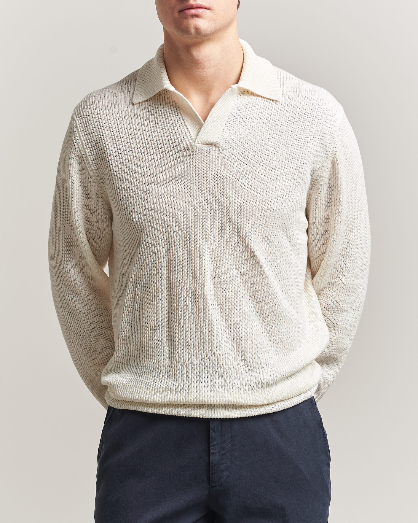 Gran Sasso Linen/Cotton Open Collar Knitted Polo Cream at