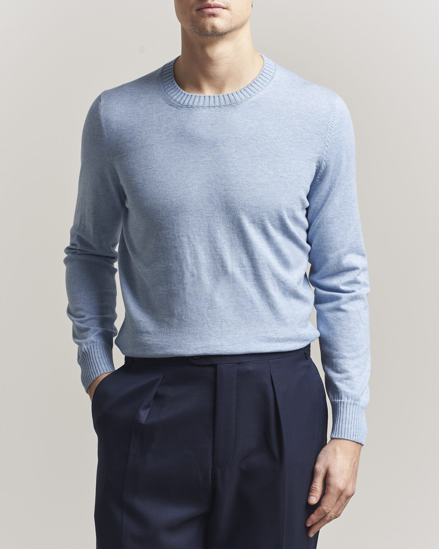 Men | Sweaters & Knitwear | Gran Sasso | Cotton/Cashmere Knitted Crew Neck Sweater Blue Melange