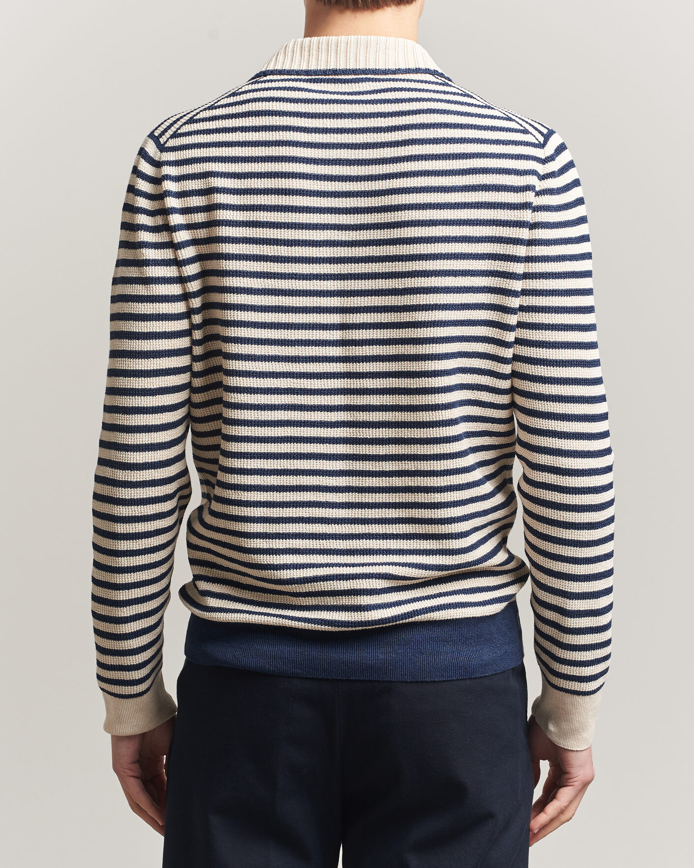 Men | Sweaters & Knitwear | Gran Sasso | Linen/Cotton Knitted Striped Polo Navy/White
