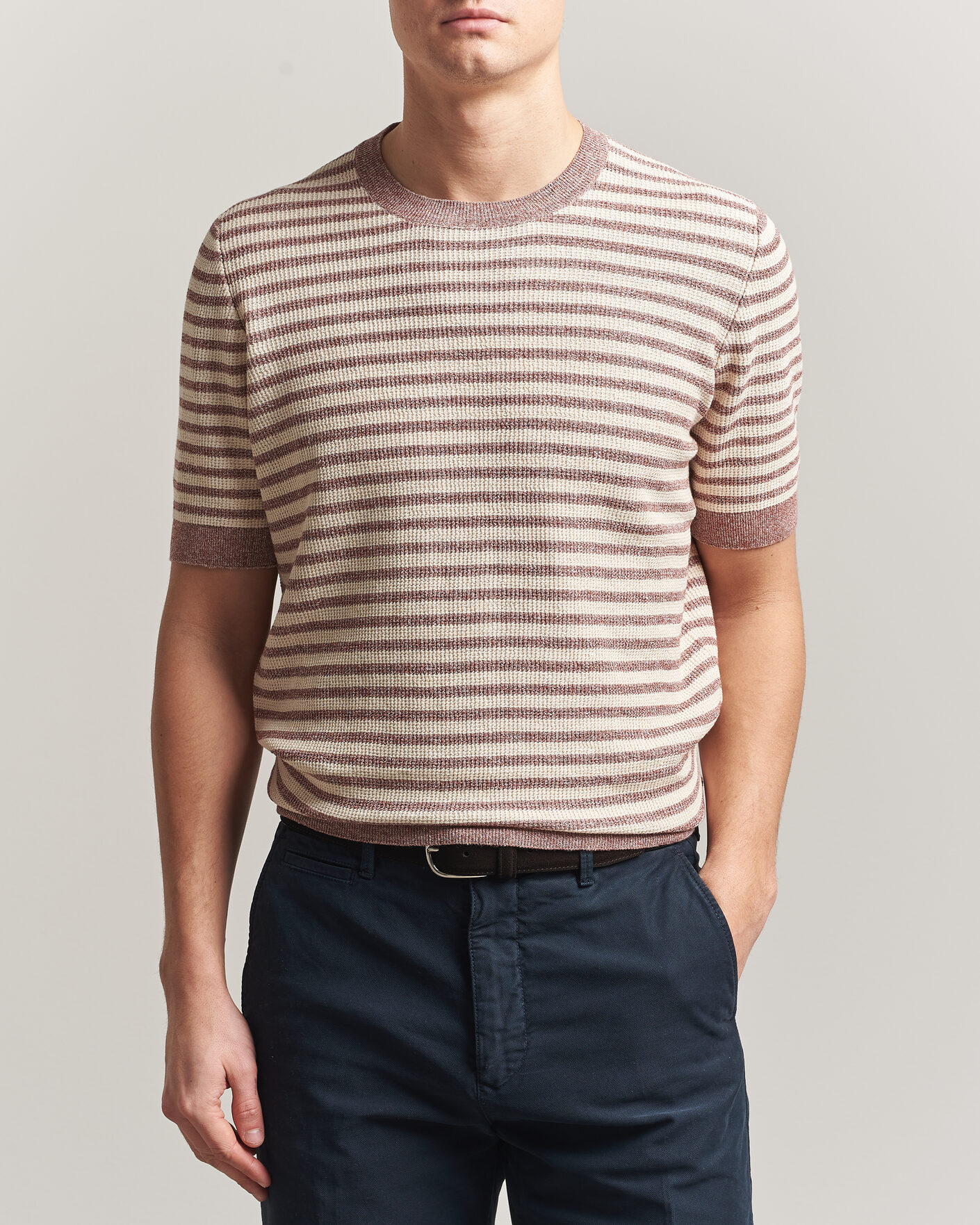 Men | T-Shirts | Gran Sasso | Linen/Cotton Knitted Striped T-Shirt Red/White