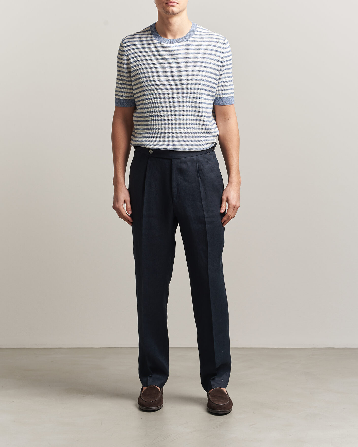 Men | T-Shirts | Gran Sasso | Linen/Cotton Knitted Striped T-Shirt Blue/White