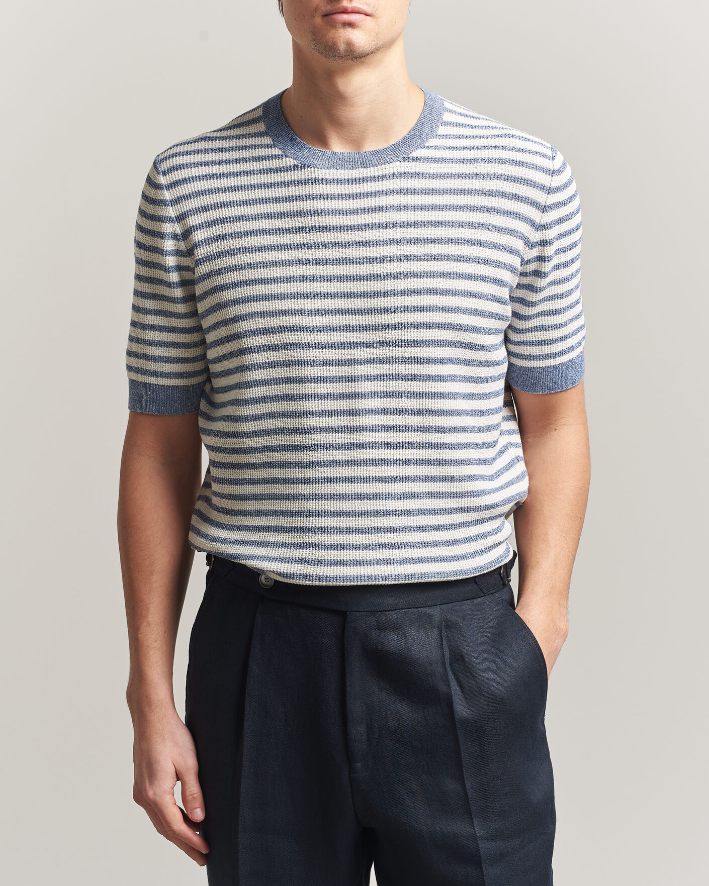 Men | T-Shirts | Gran Sasso | Linen/Cotton Knitted Striped T-Shirt Blue/White
