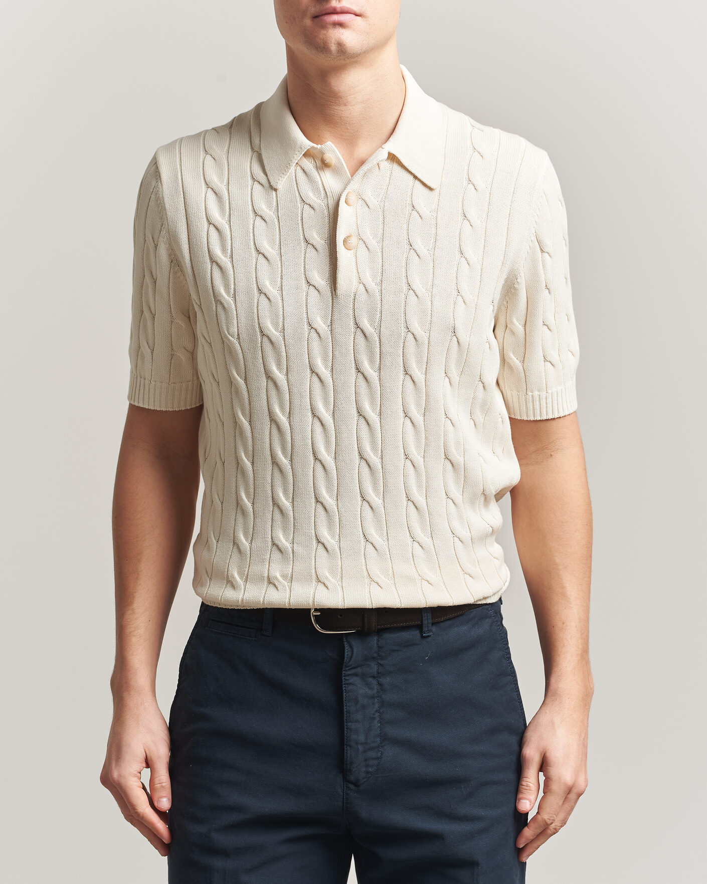Gran Sasso Cotton Cable Knitted Polo Cream at CareOfCarl.com