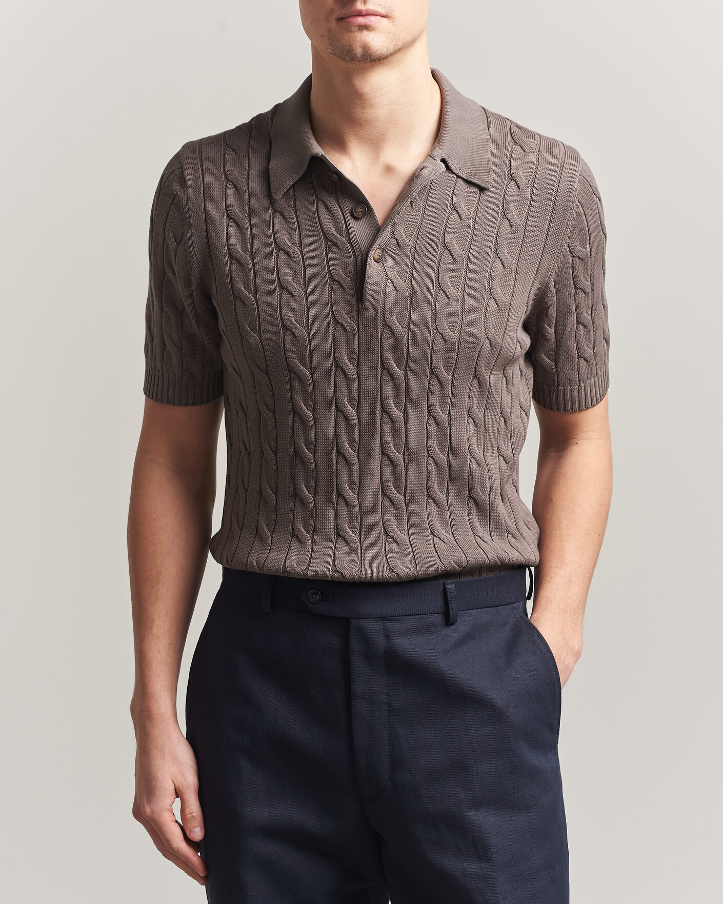Men | Polo Shirts | Gran Sasso | Cotton Cable Knitted Polo Brown