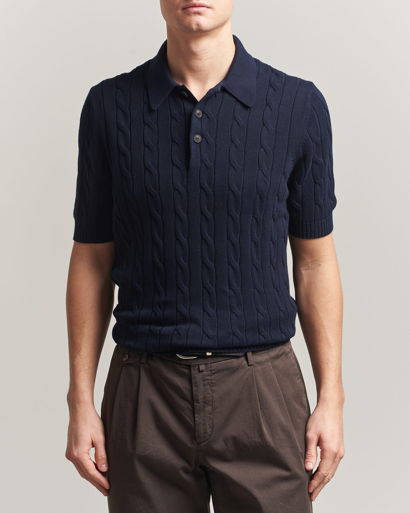 Gran Sasso Cotton Cable Knitted Polo Navy at CareOfCarl.com