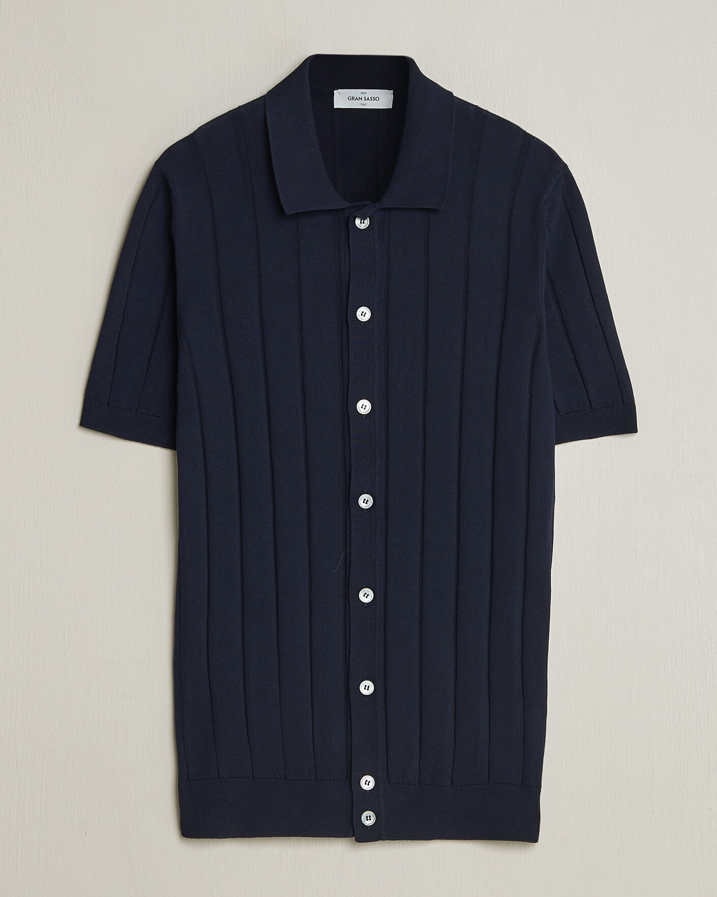 Gran Sasso Cotton Ribbed Knitted Resort Shirt Navy at CareOfCarl.com