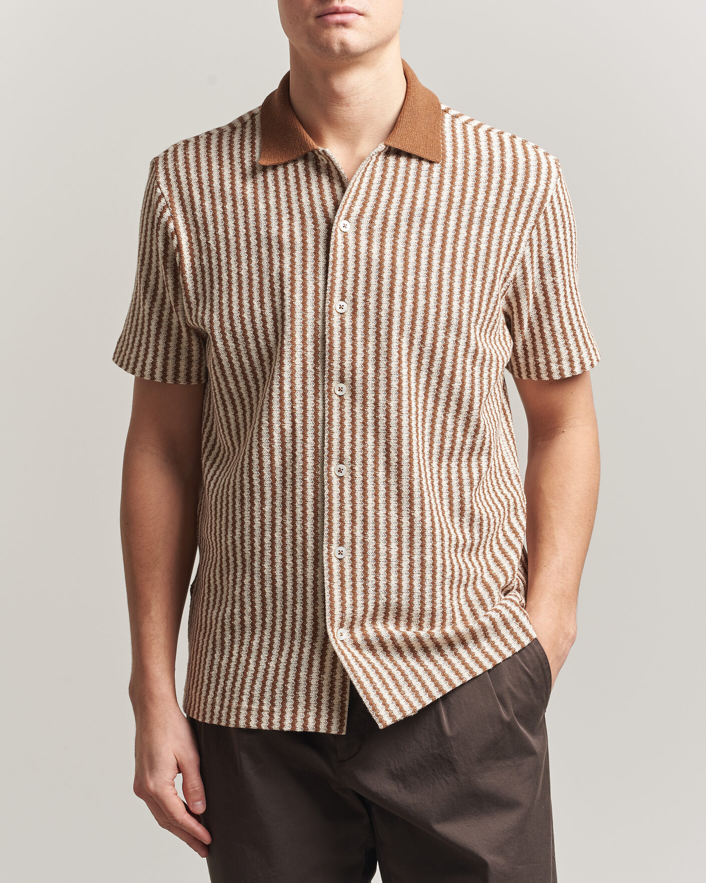 Men | Shirts | Gran Sasso | Cotton Knitted Striped Resort Shirt Brown/White
