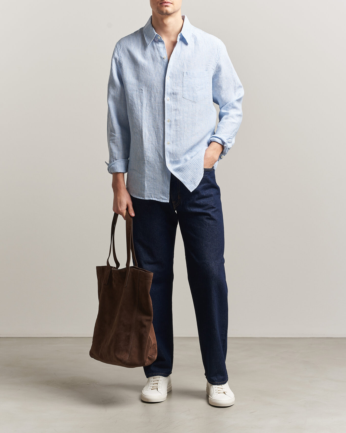Men | Shirts | A Day's March | Daintree Striped Linen Shirt Light Blue/White