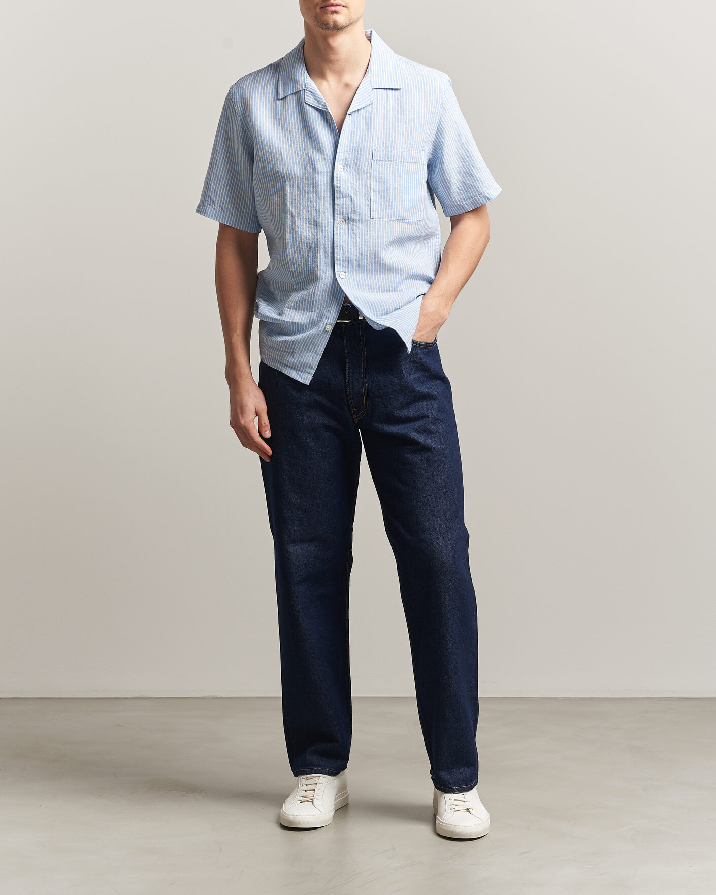 Men | Shirts | A Day's March | Yamu Striped Linen Short Sleeve Shirt Light Blue