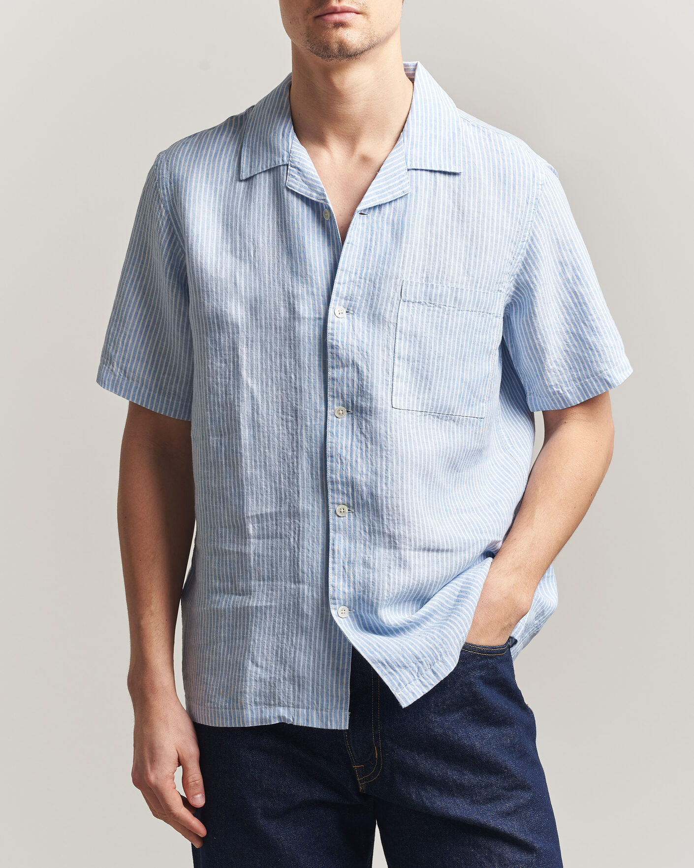 Men | Shirts | A Day's March | Yamu Striped Linen Short Sleeve Shirt Light Blue