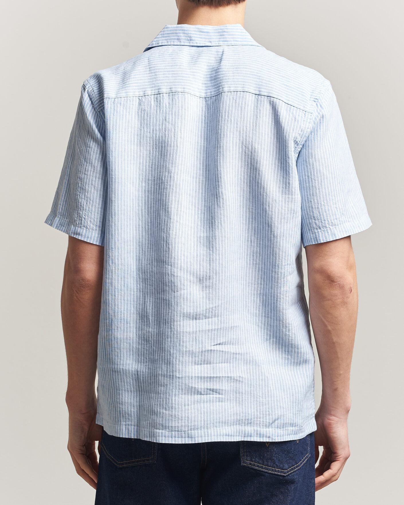 Men | Shirts | A Day's March | Yamu Striped Linen Short Sleeve Shirt Light Blue