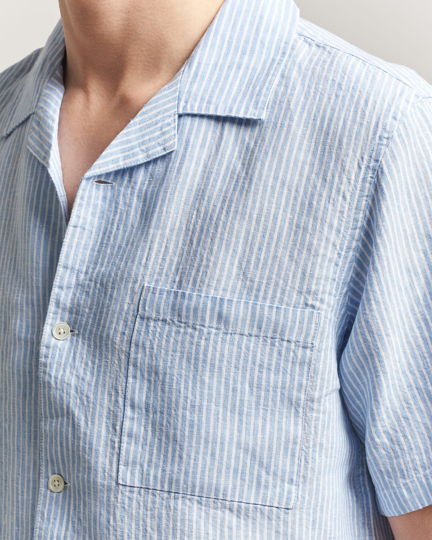 Men | Shirts | A Day's March | Yamu Striped Linen Short Sleeve Shirt Light Blue