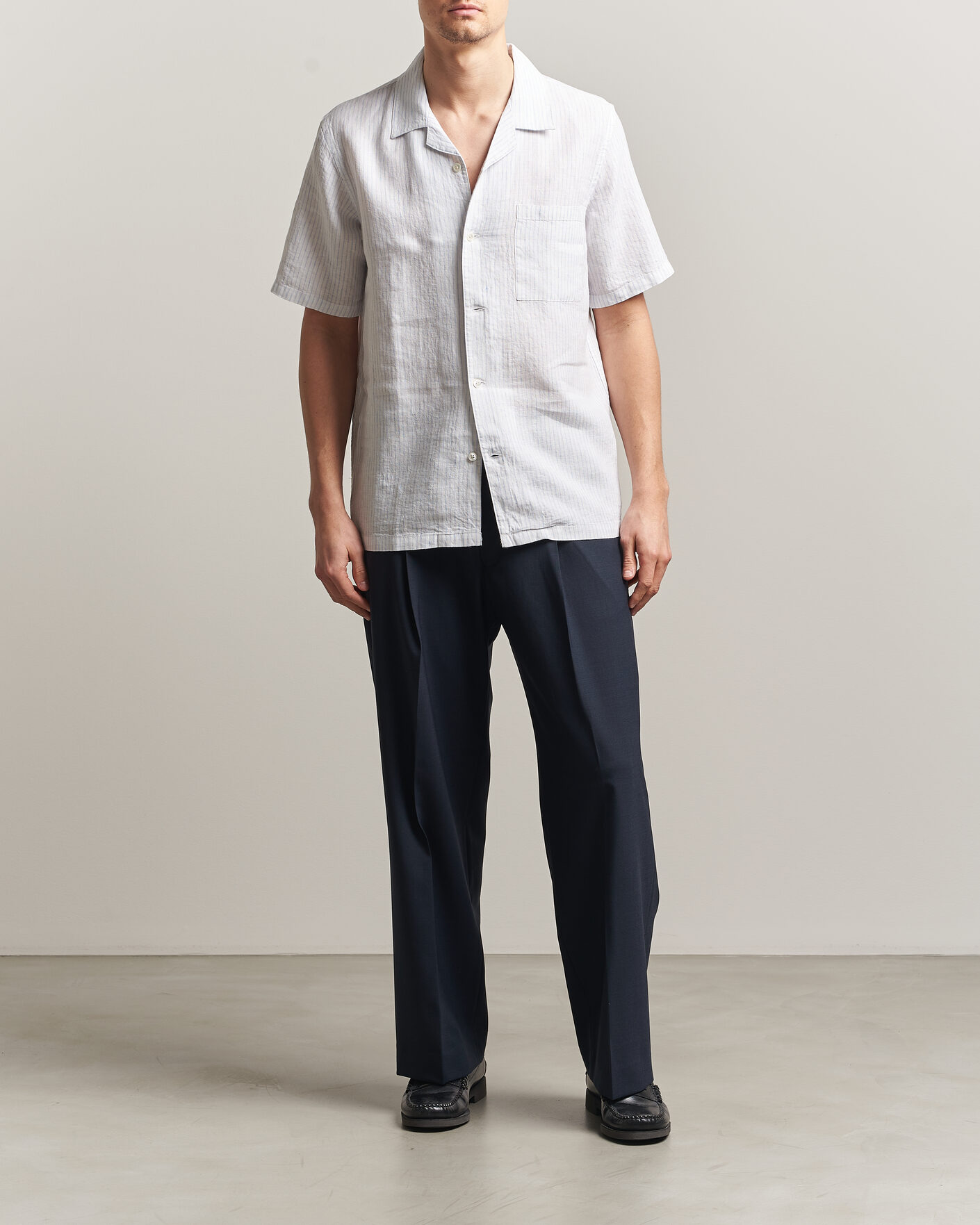 Men | Shirts | A Day's March | Yamu Striped Linen Short Sleeve Shirt White
