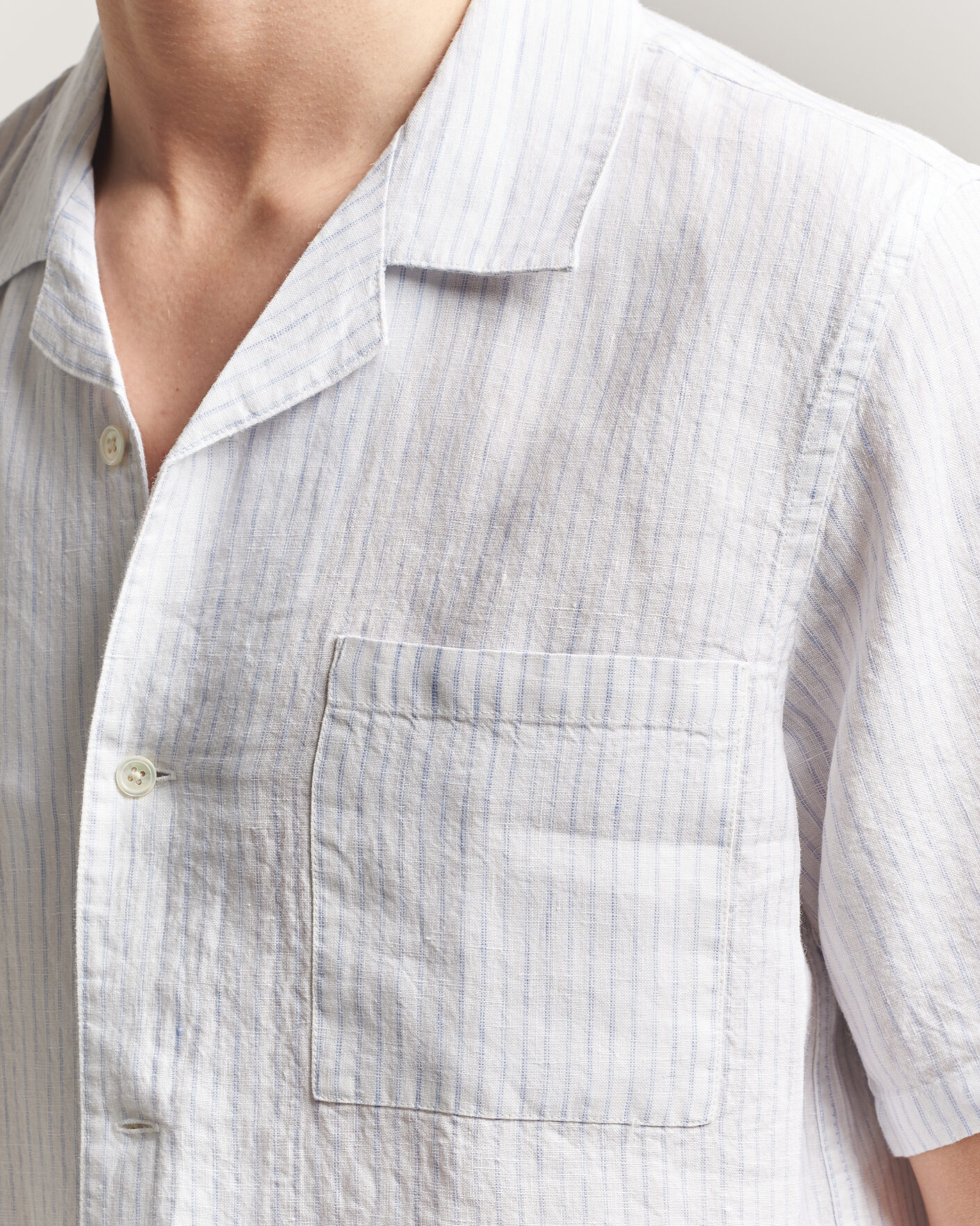 Men | Shirts | A Day's March | Yamu Striped Linen Short Sleeve Shirt White