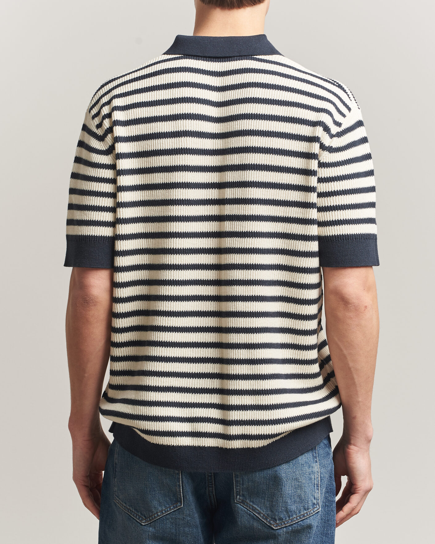 Men | Polo Shirts | A Day's March | Jeremy Striped Knitted Polo Off White/Navy