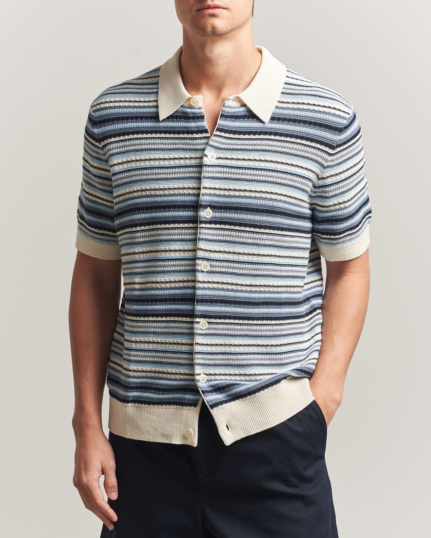 Men | Shirts | NN07 | Nolan Striped Knitted Short Sleeve Shirt Navy Multi