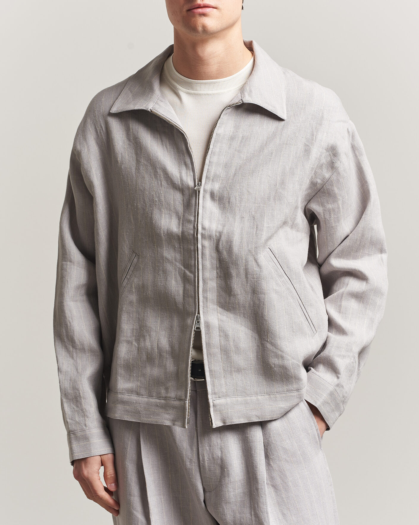 NN07 Petrus Pinstriped Linen Full Zip Overshirt Grey at CareOfCarl.com