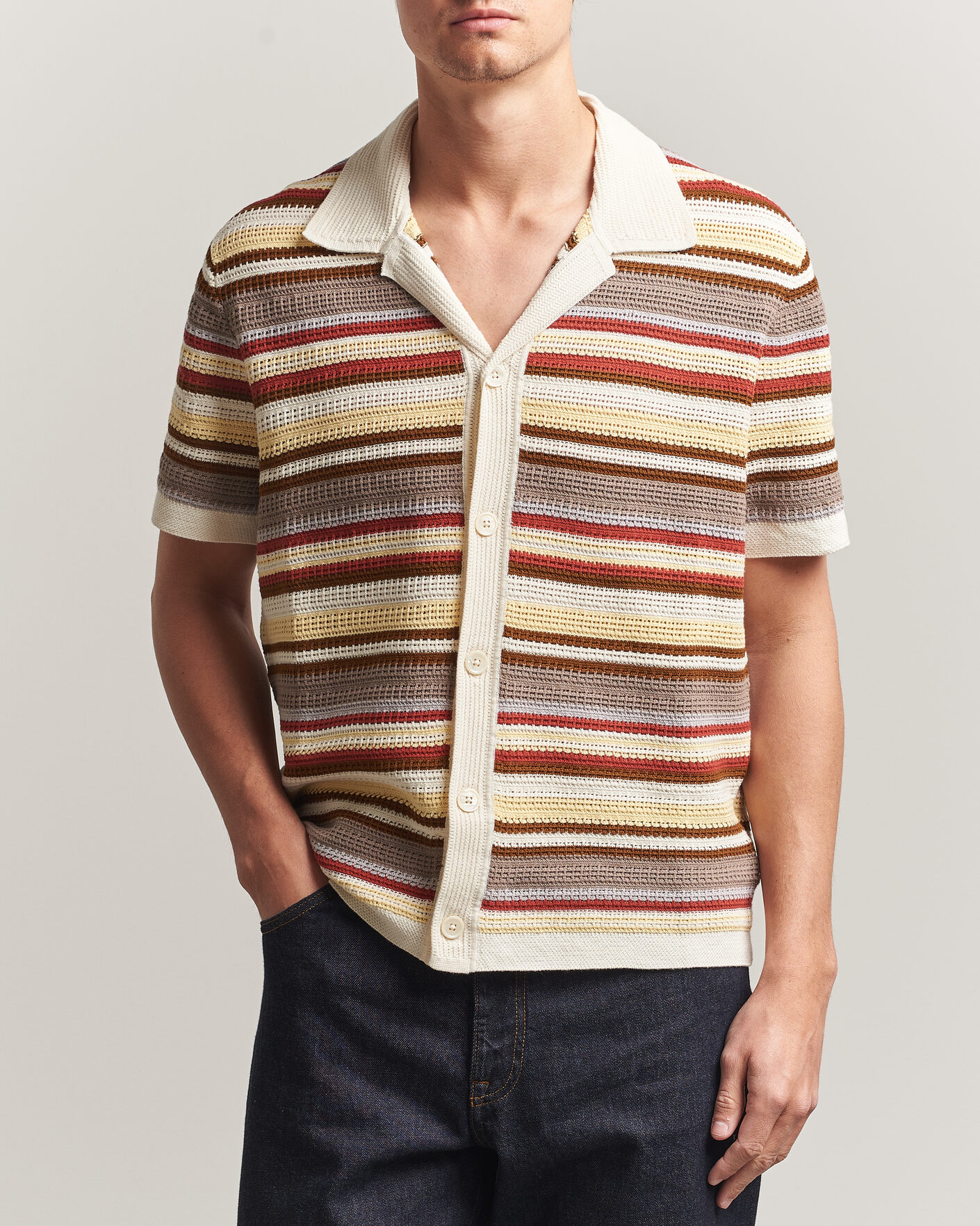 Men | Shirts | NN07 | Lars Striped Knitted Short Sleeve Shirt Ivory Multi