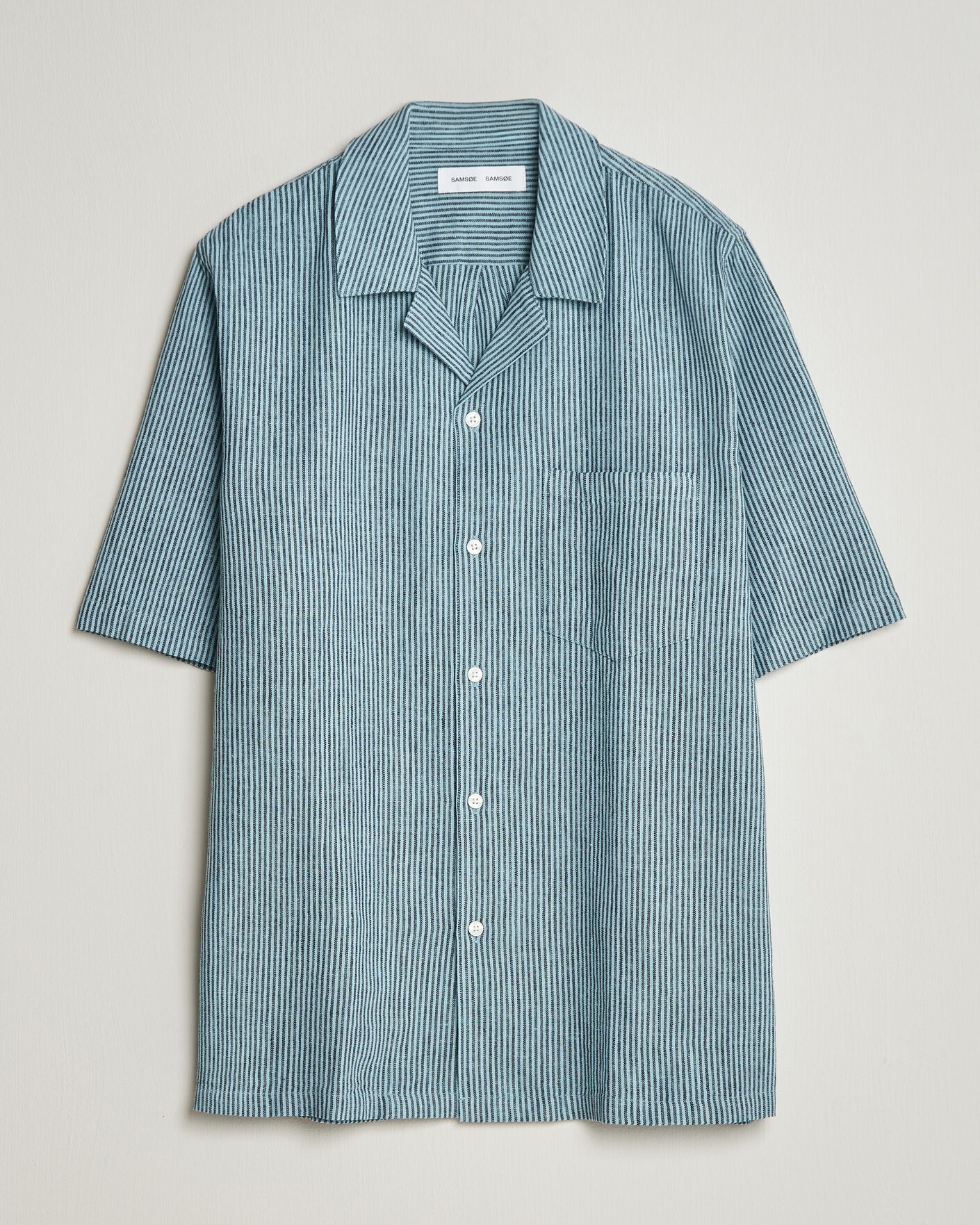 Men | Shirts | Samsøe Samsøe | Oscar Linen/Cotton Striped Short Sleeve Shirt Tourmaline