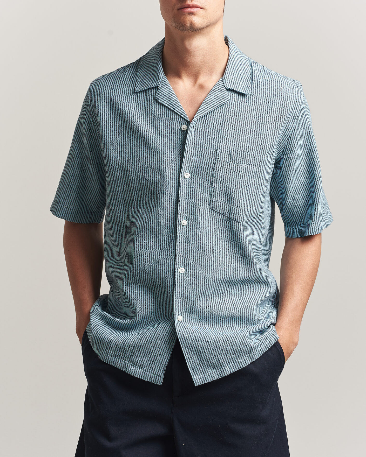 Men | Shirts | Samsøe Samsøe | Oscar Linen/Cotton Striped Short Sleeve Shirt Tourmaline