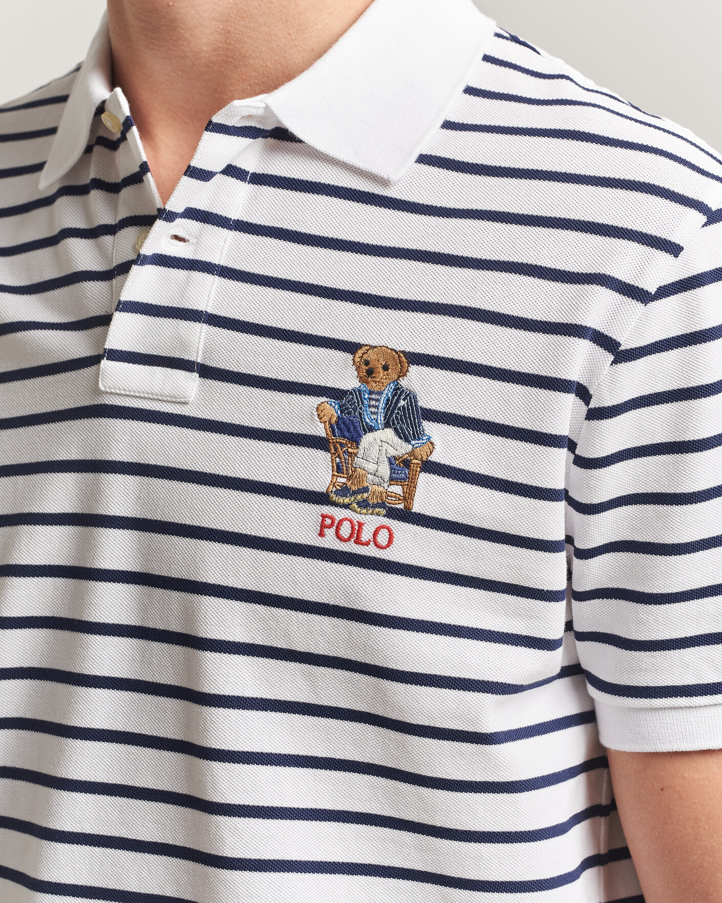 Men | Polo Shirts | Polo Ralph Lauren | Newport Bear Striped Custom Slim Polo White/Navy