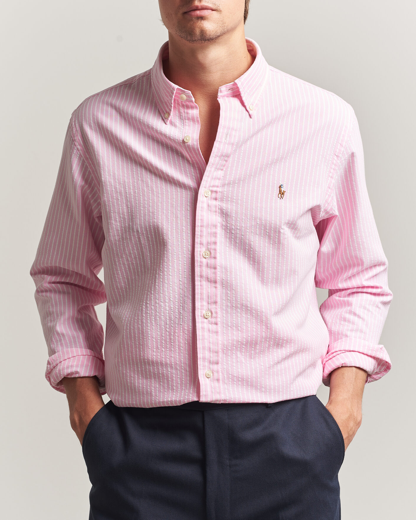 Men | Shirts | Polo Ralph Lauren | Custom Fit Seersucker/Oxford Stripe Shirt New Rose