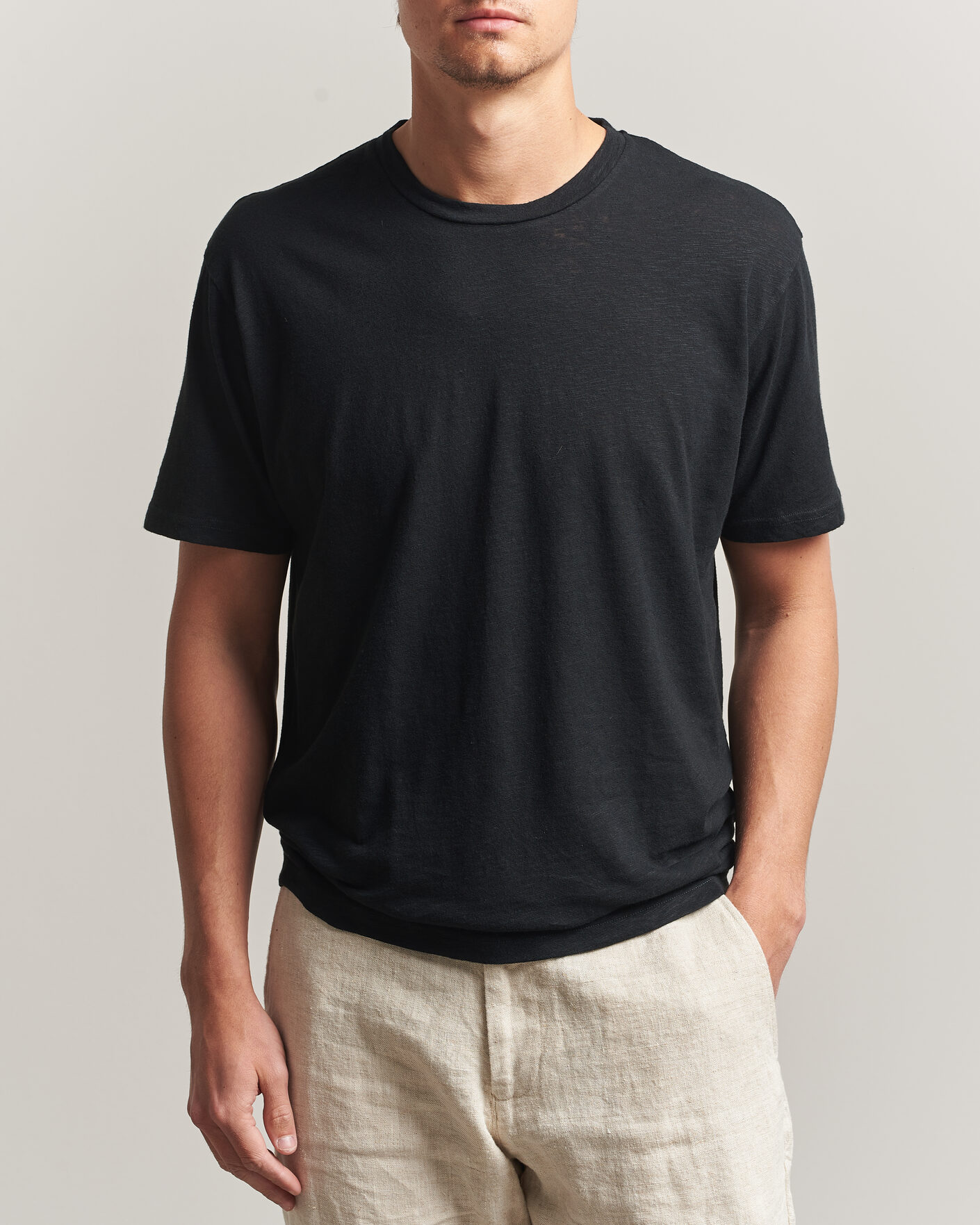 Men | T-Shirts | Sunspel | Pima Cotton/Linen T-Shirt Black