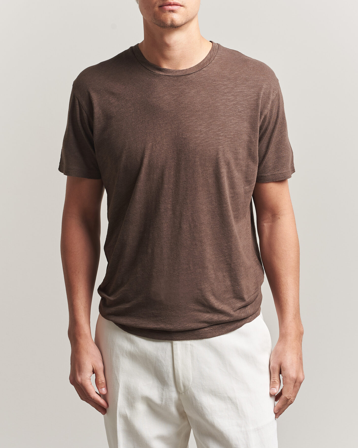 Men | T-Shirts | Sunspel | Pima Cotton/Linen T-Shirt Dark Walnut