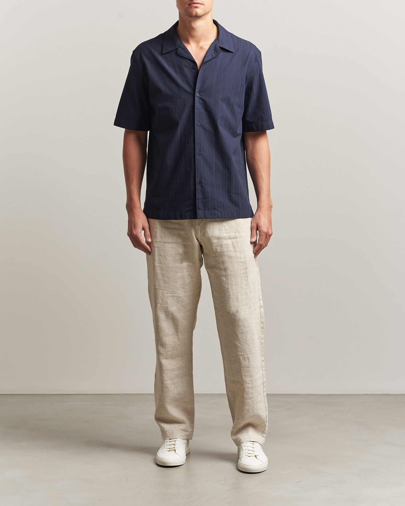 Men | Shirts | Sunspel | Short Sleeve Textured Stripe Shirt Navy