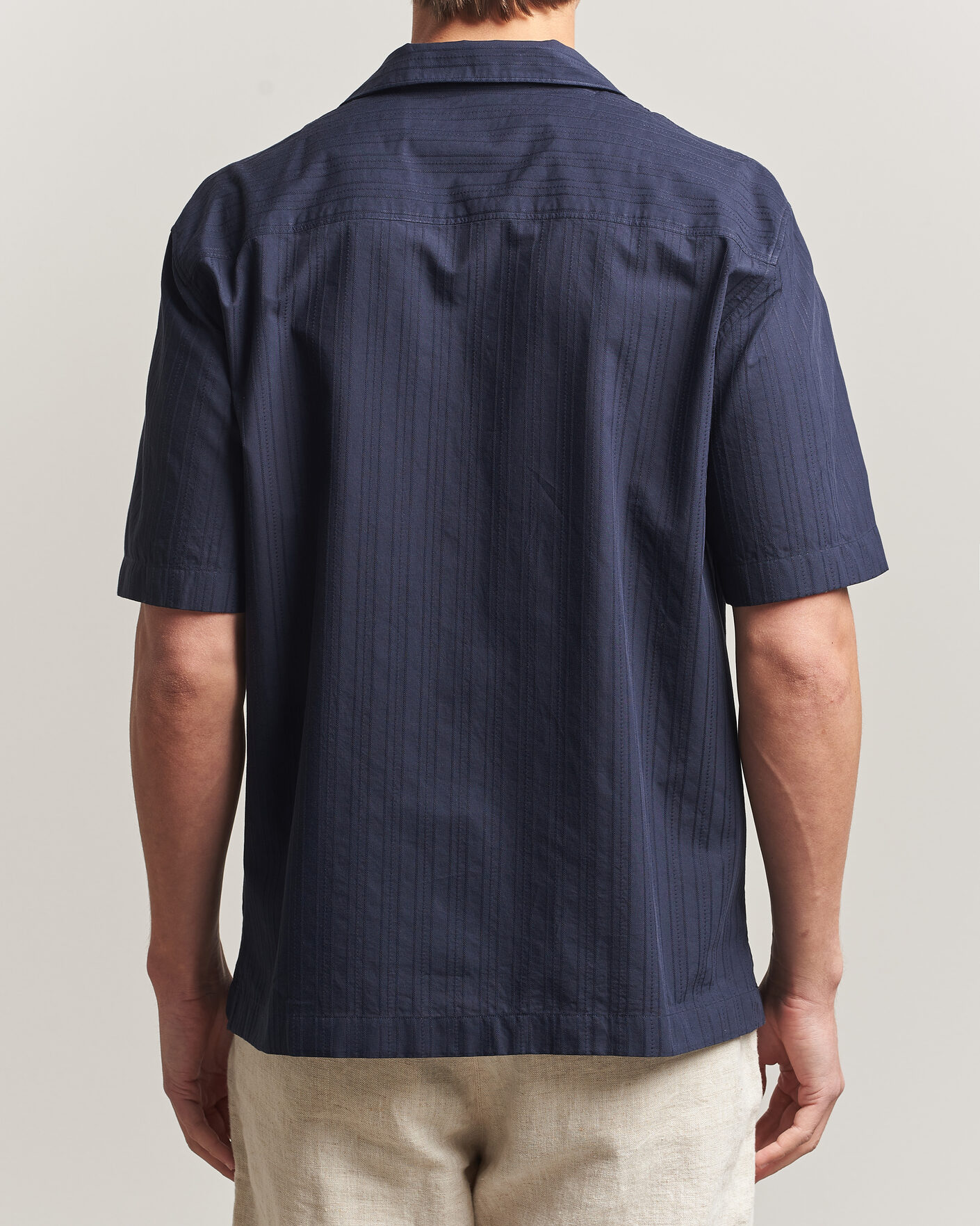 Men | Shirts | Sunspel | Short Sleeve Textured Stripe Shirt Navy