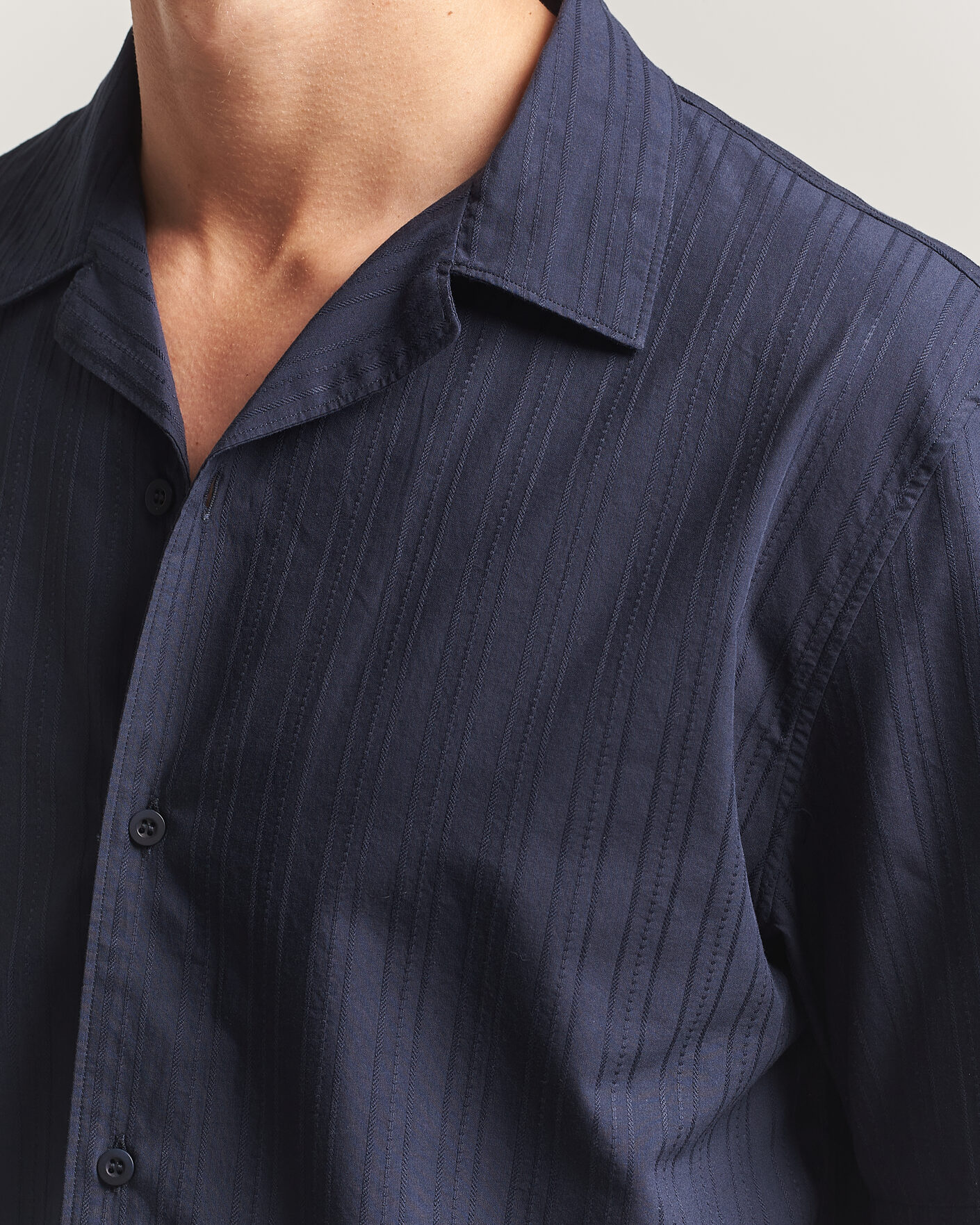 Men | Shirts | Sunspel | Short Sleeve Textured Stripe Shirt Navy