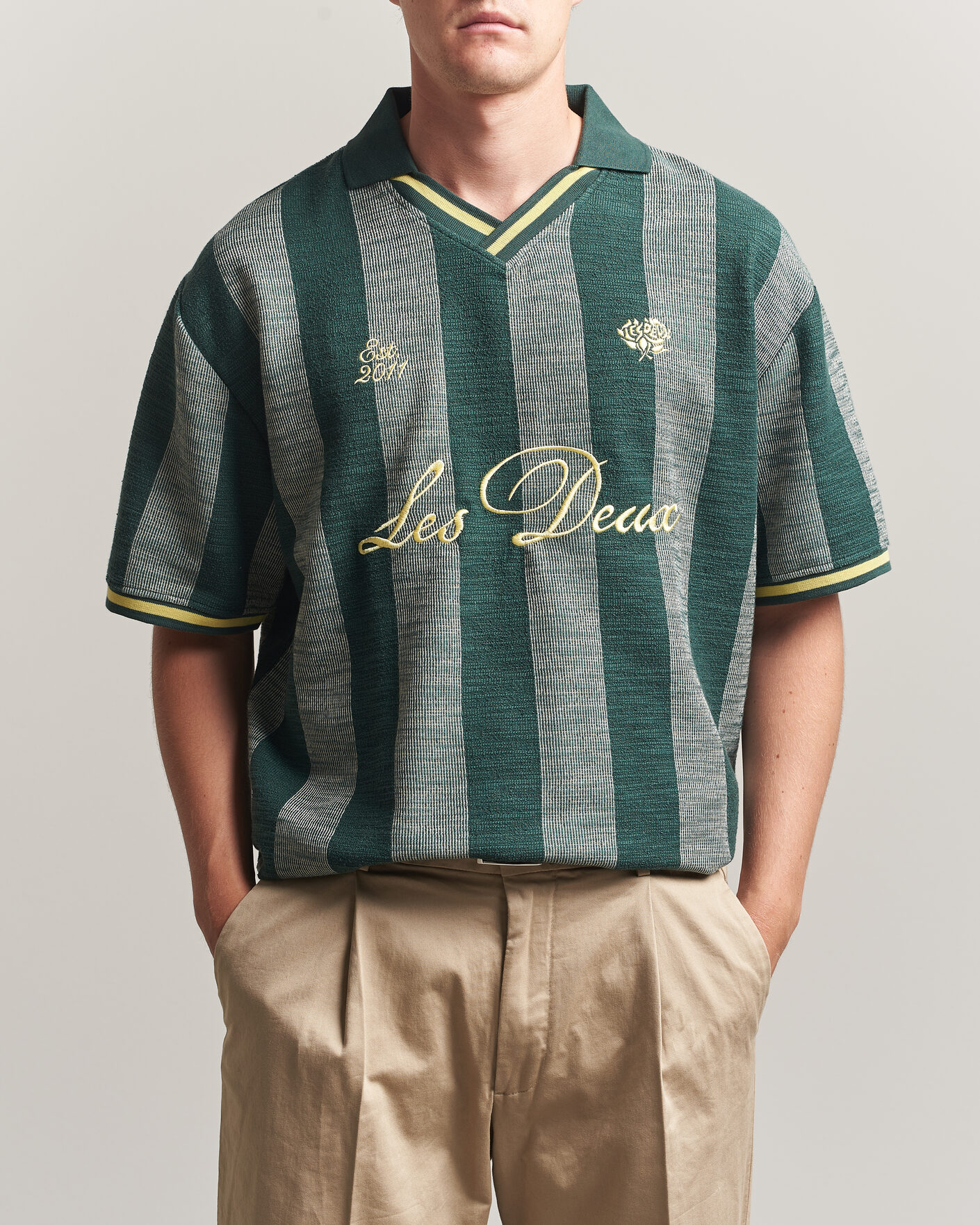 Men | Polo Shirts | LES DEUX | Stripe Jacquard Football Jersey Pine Green