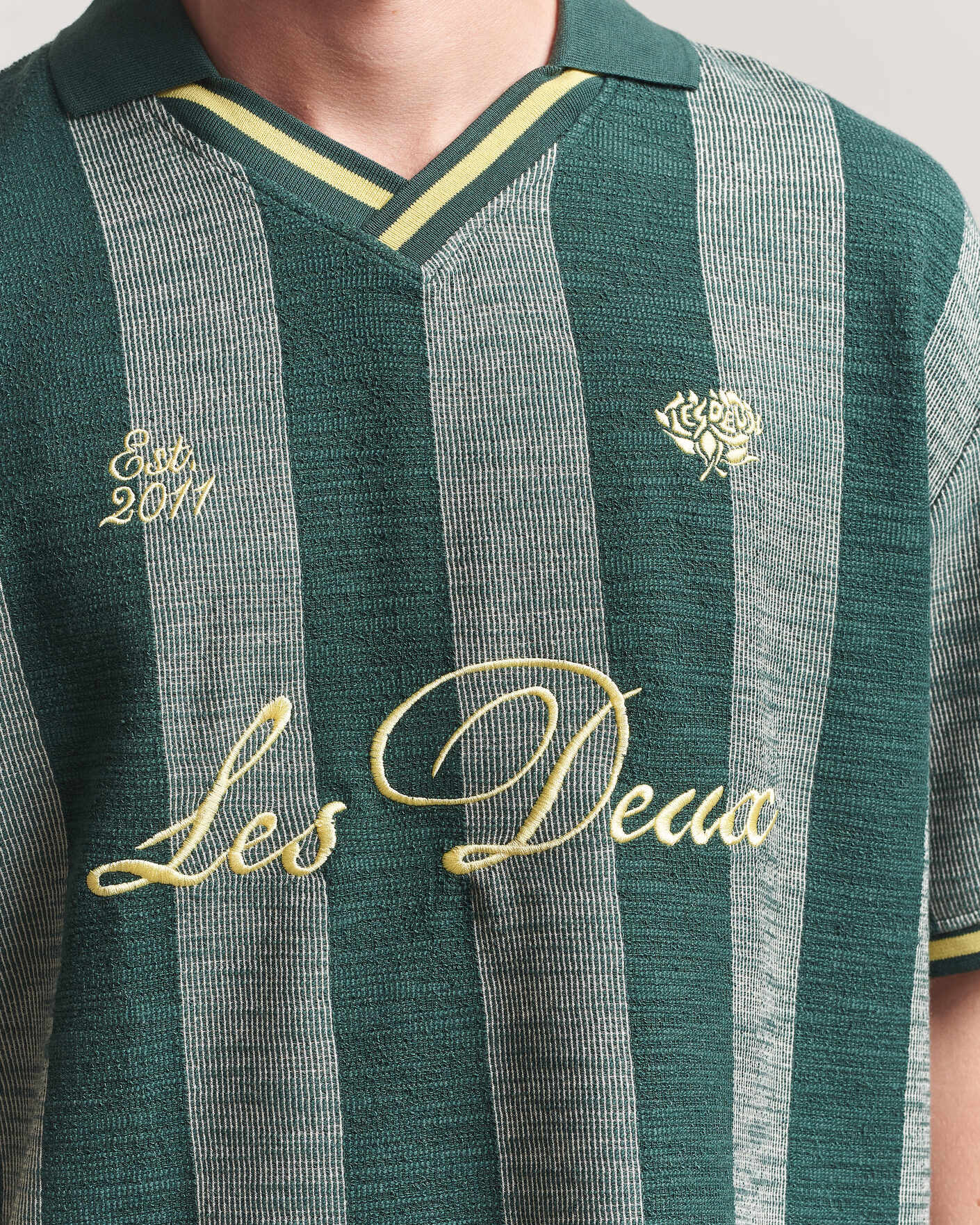 Men | Polo Shirts | LES DEUX | Stripe Jacquard Football Jersey Pine Green