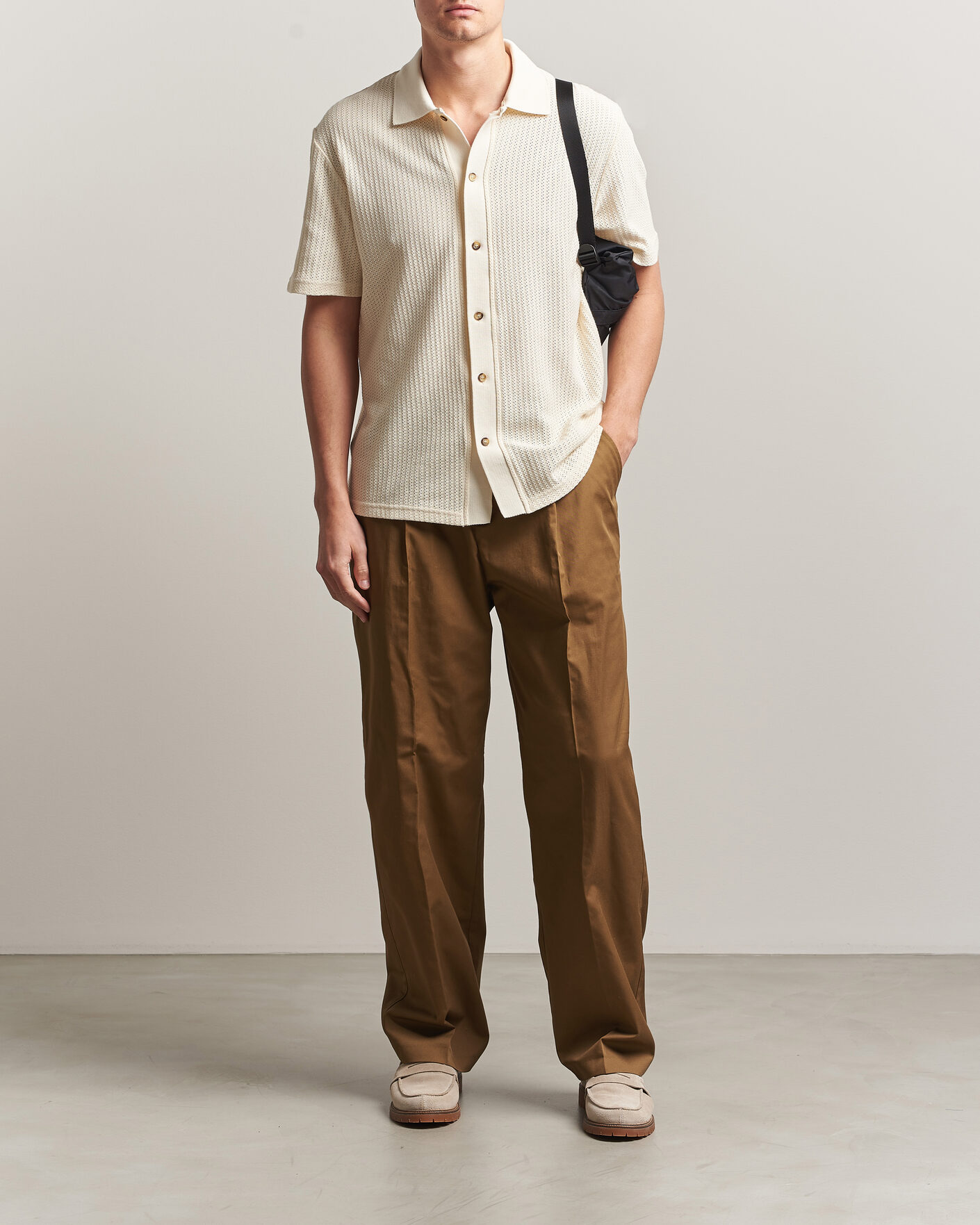 Men | Shirts | LES DEUX | Pointelle Short Sleeve Knitted Shirt Eggnog White