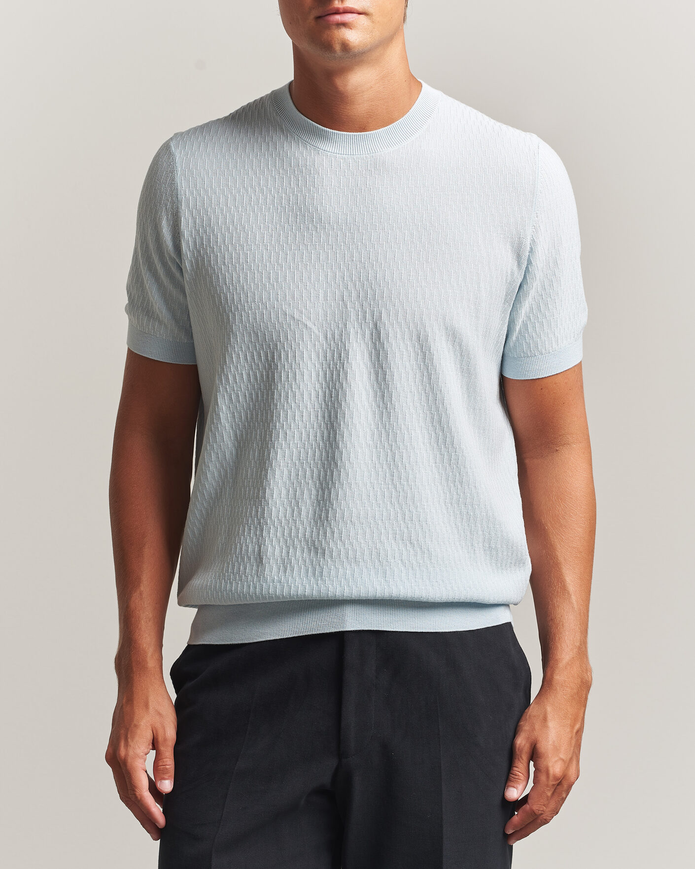 Men | T-Shirts | BOSS BLACK | Laruso Structured Knitted T-Shirt Open Blue