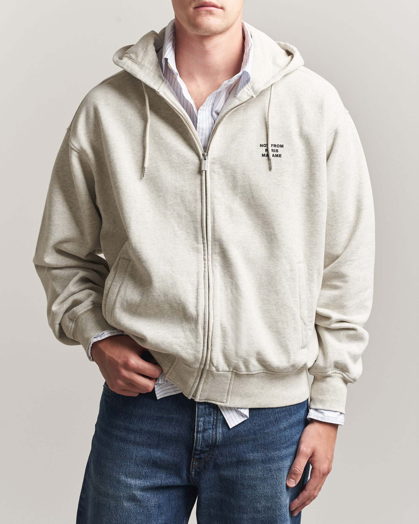 Men | Sweaters & Knitwear | Drôle de Monsieur | Slogan Full Zip Hoodie Grey