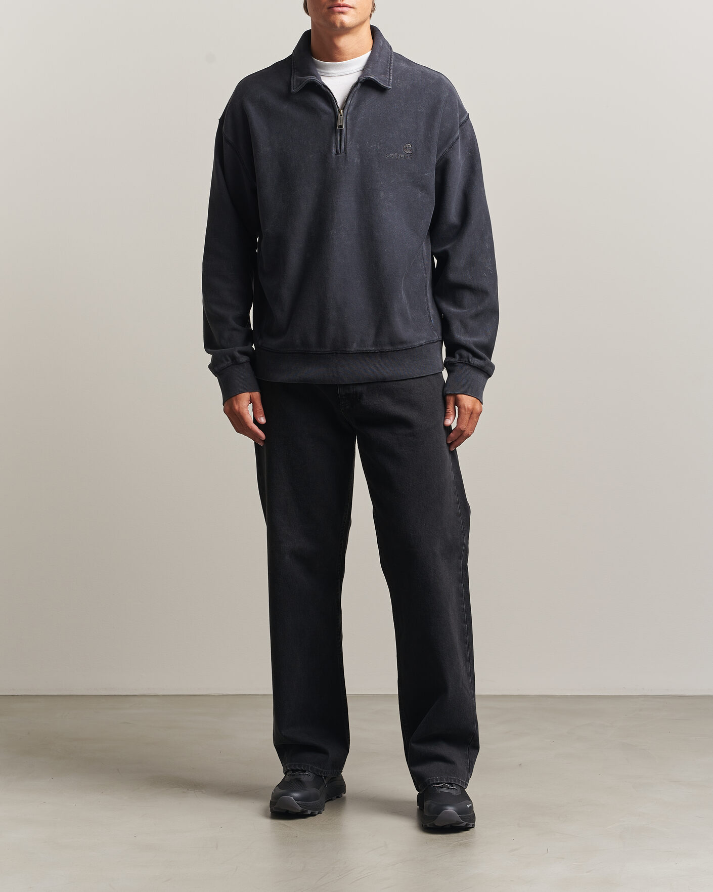 Men | Sweaters & Knitwear | Carhartt WIP | Lambert Washed Polo Sweatshirt Black Moon Wash