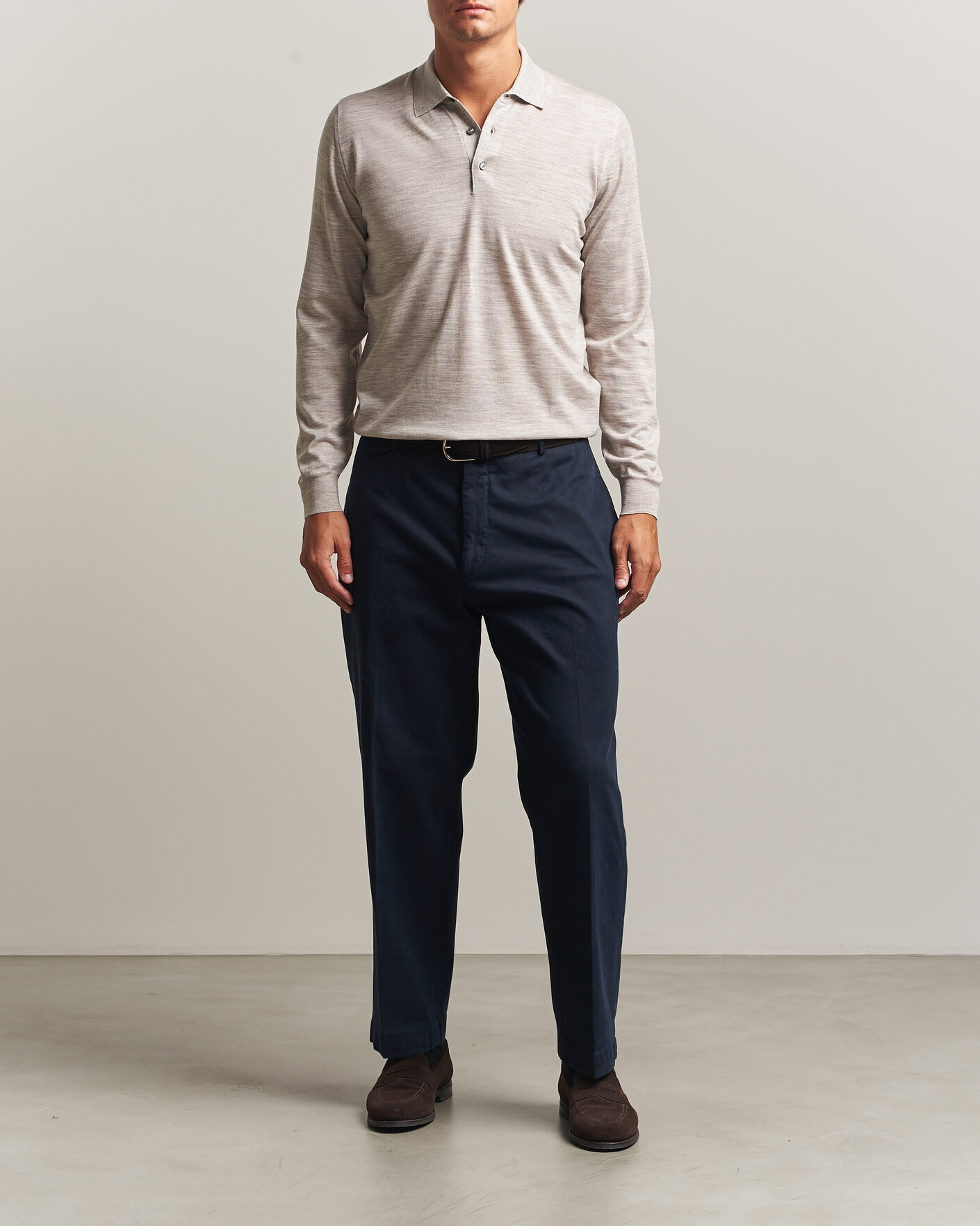 Men | Sweaters & Knitwear | Fedeli | 140s Fine Wool Long Sleeve Polo Beige Melange