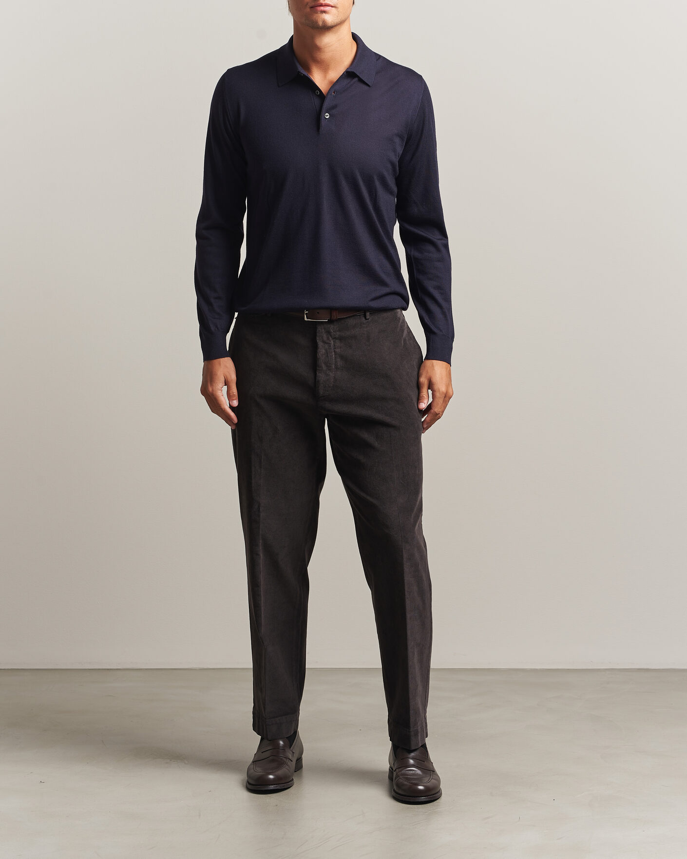 Men | Sweaters & Knitwear | Fedeli | 140s Fine Wool Long Sleeve Polo Navy