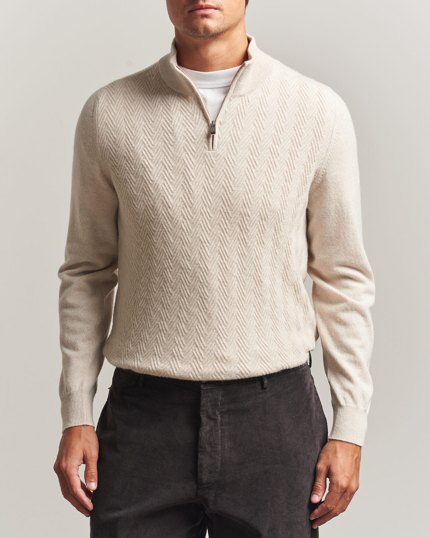 Men | Sweaters & Knitwear | Fedeli | Wool/Cashmere Chevron Half Zip Light Beige