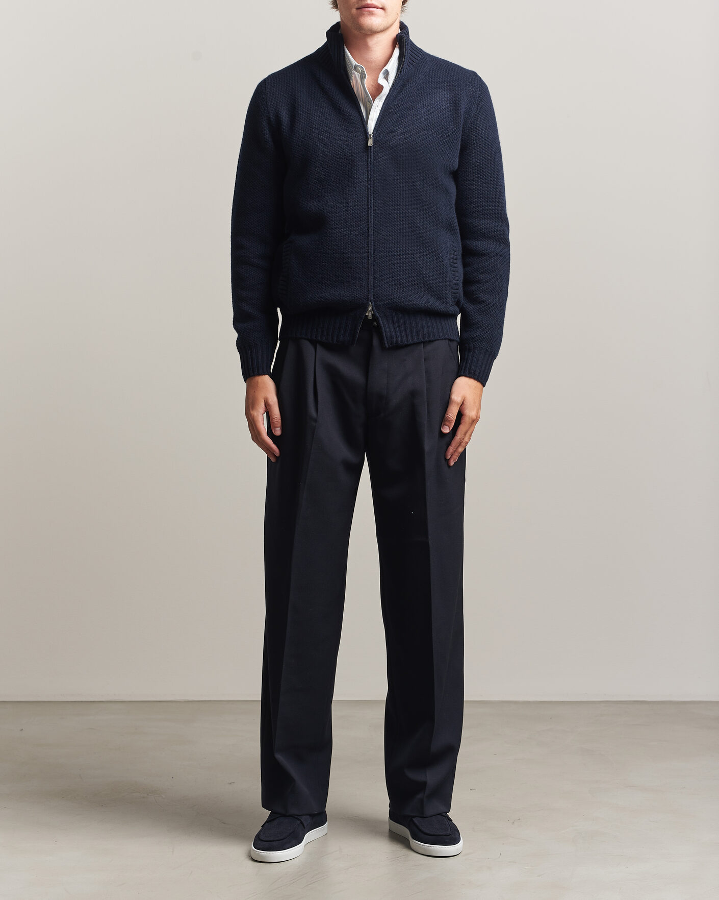 Men | Sweaters & Knitwear | Fedeli | Wool/Cashmere Honeycomb Full Zip Navy