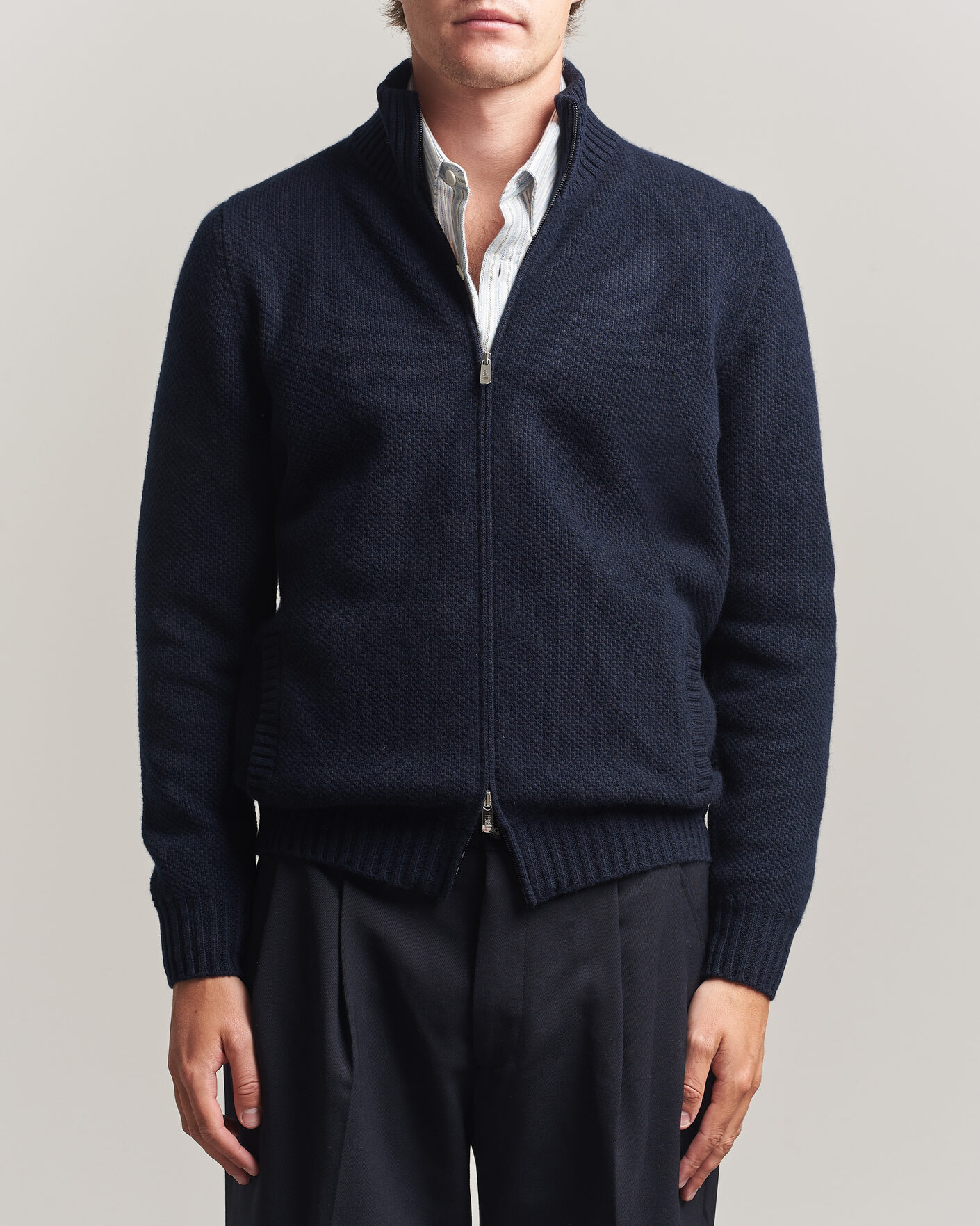 Men | Sweaters & Knitwear | Fedeli | Wool/Cashmere Honeycomb Full Zip Navy