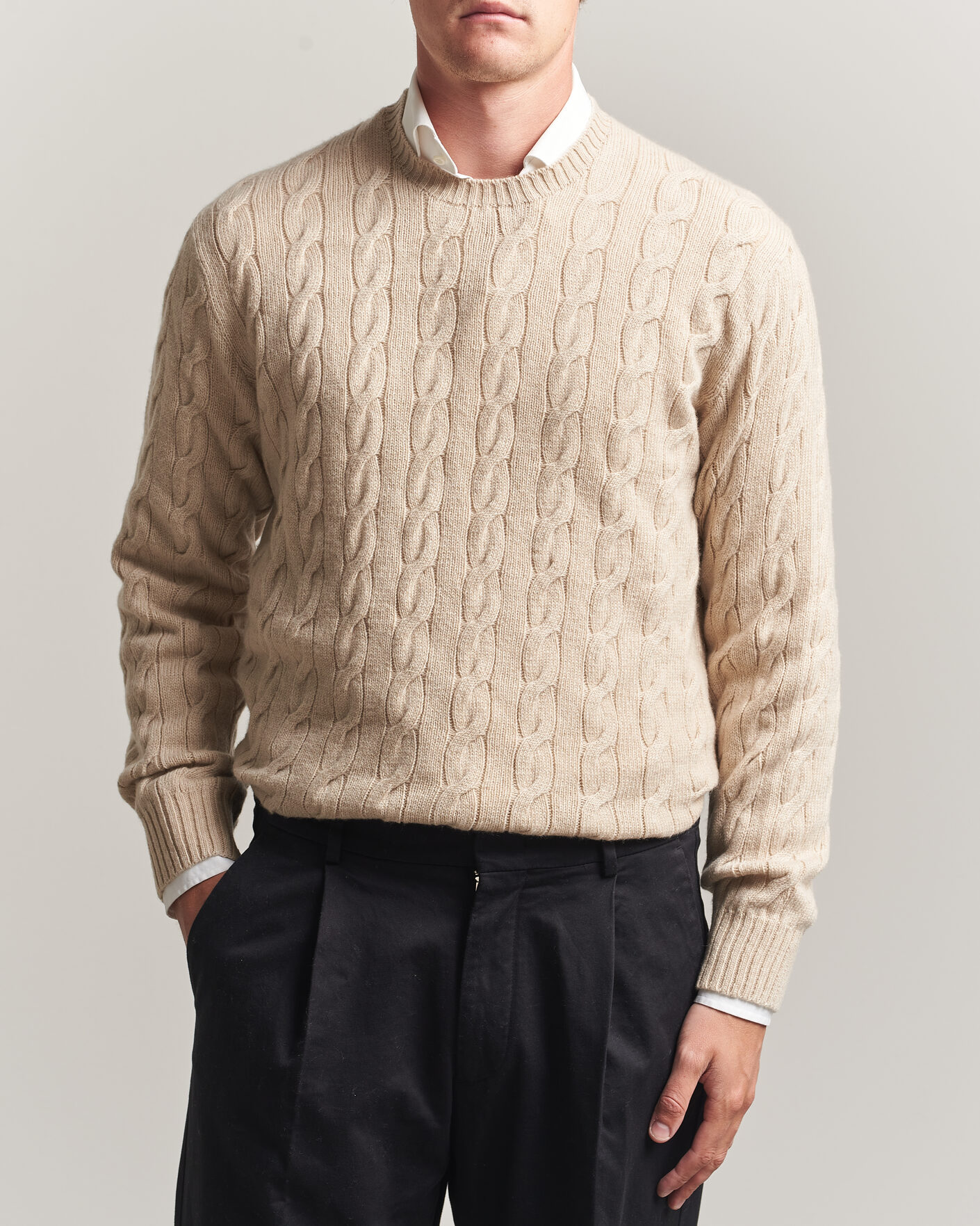 Men | Sweaters & Knitwear | Ralph Lauren Purple Label | Cashmere Cable Sweater Beige Melange