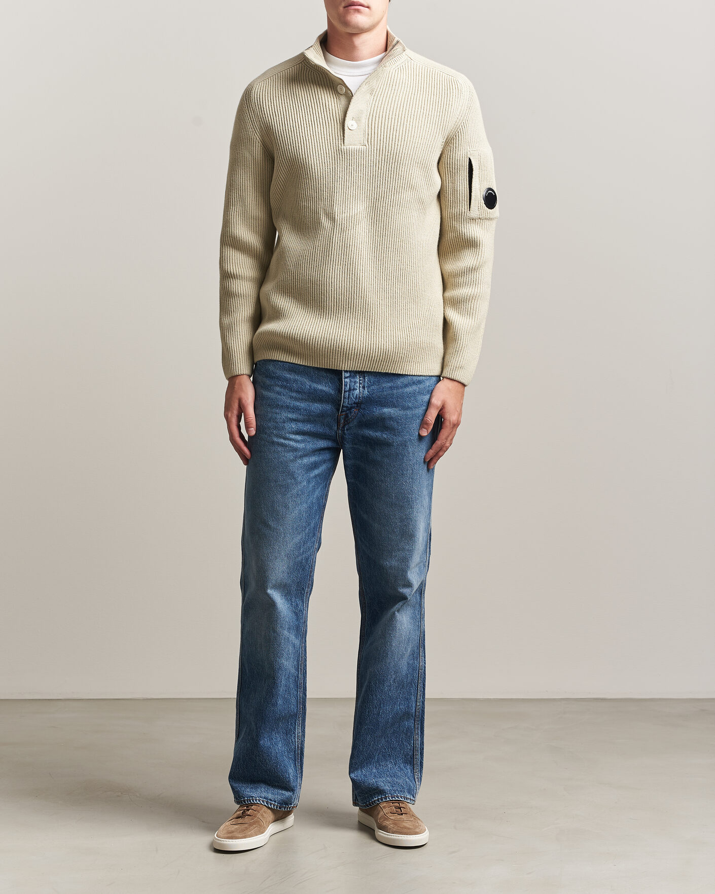 Men | Sweaters & Knitwear | C.P. Company | Full Rib Knitted Cotton Half Button Light Grey