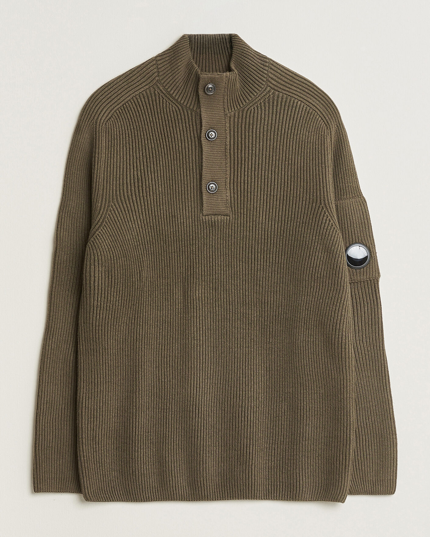 Men | Sweaters & Knitwear | C.P. Company | Full Rib Knitted Cotton Half Button Dark Green