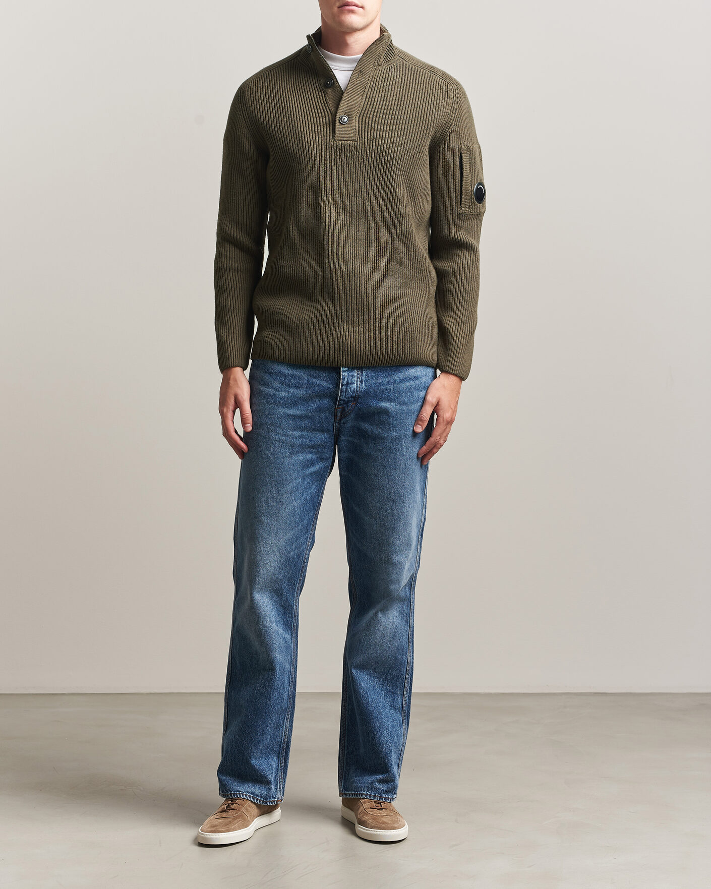 Men | Sweaters & Knitwear | C.P. Company | Full Rib Knitted Cotton Half Button Dark Green