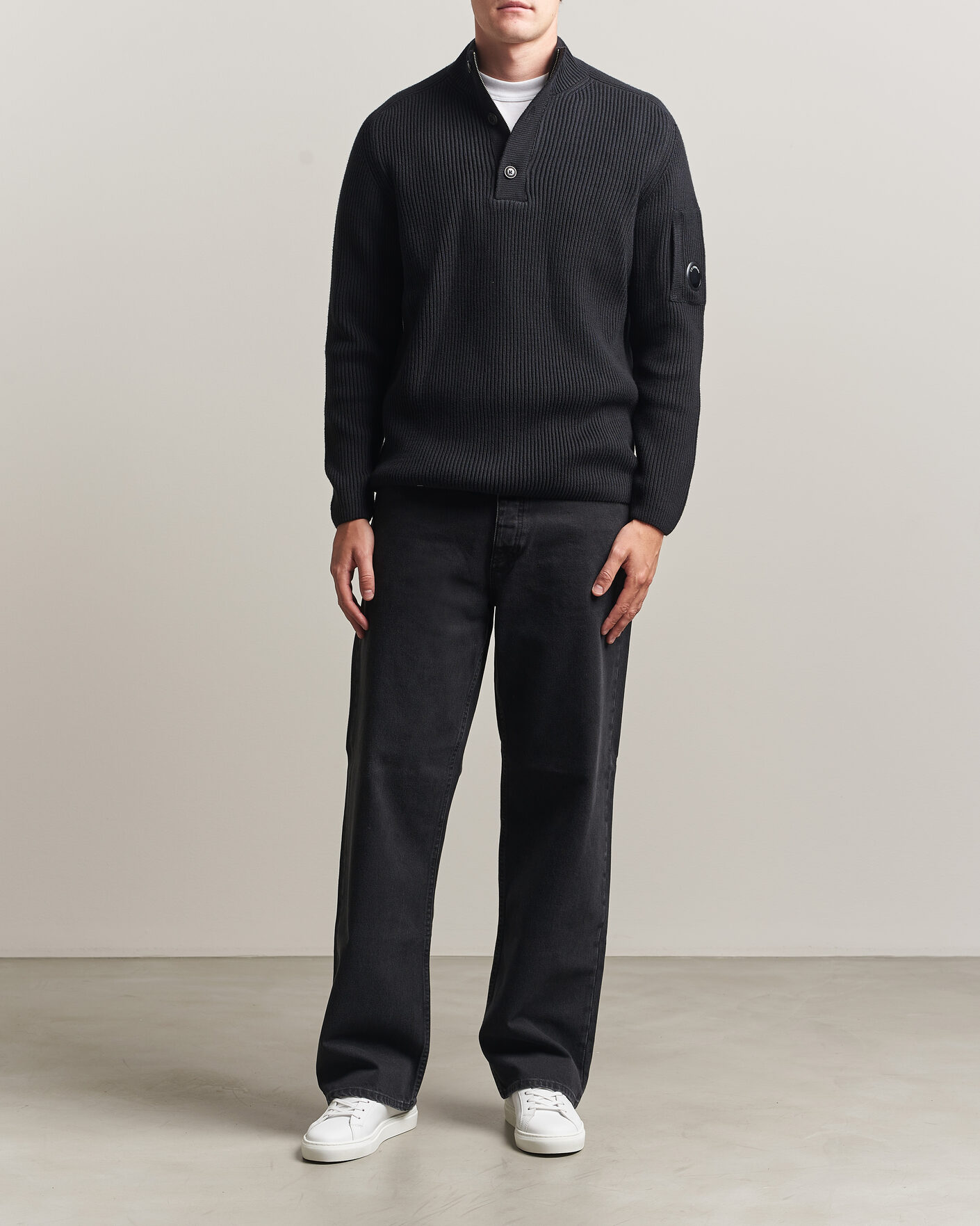 Men | Sweaters & Knitwear | C.P. Company | Full Rib Knitted Cotton Half Button Black