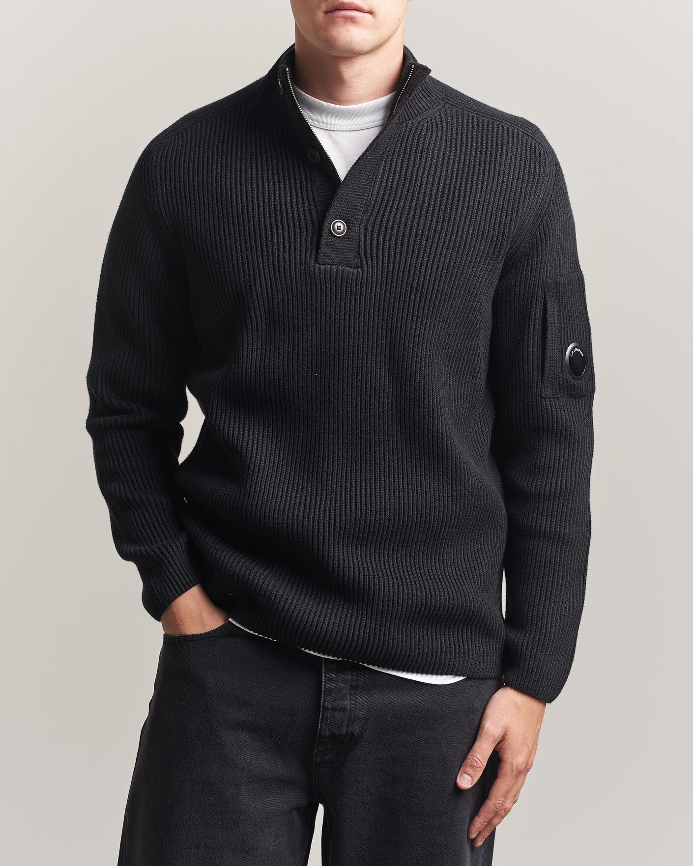 Men | Sweaters & Knitwear | C.P. Company | Full Rib Knitted Cotton Half Button Black