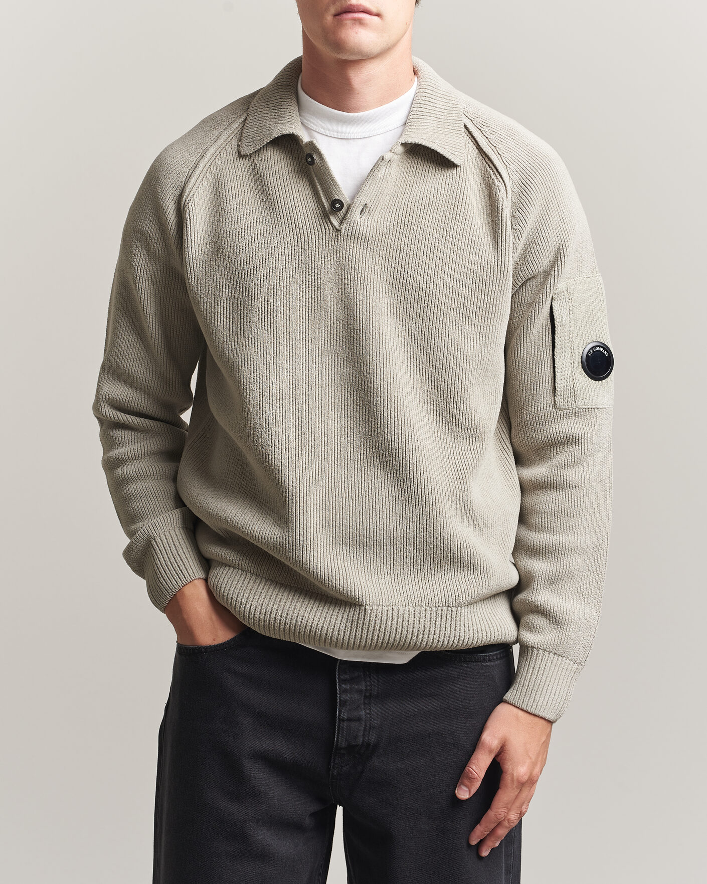 Men | Sweaters & Knitwear | C.P. Company | Cotton Chenille Polo Collar Light Grey