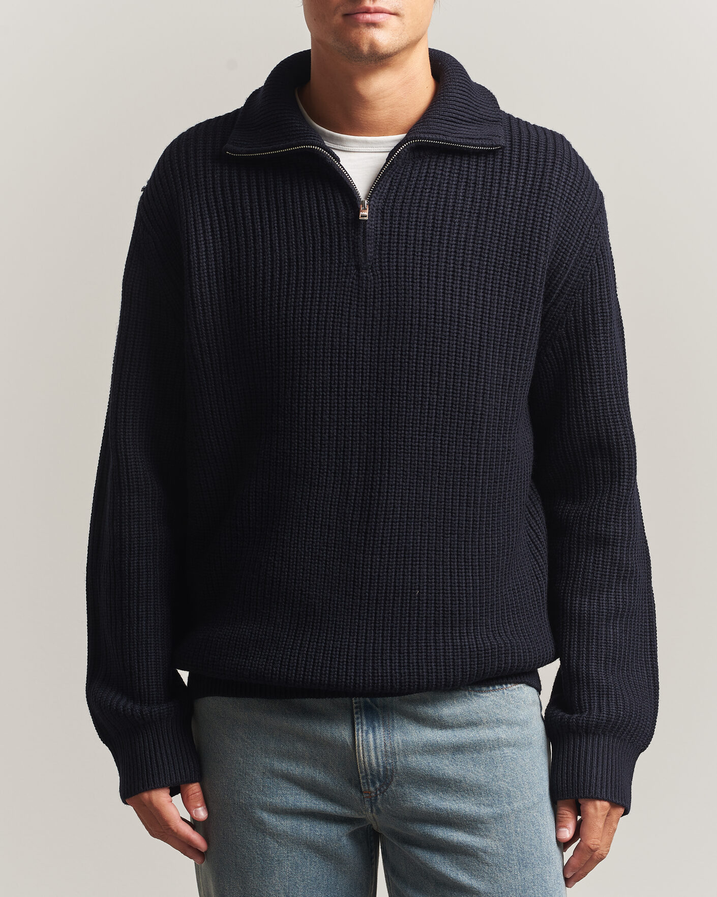 Men | Sweaters & Knitwear | A.P.C. | Daniel Wool Rib Knitted Half Zip Dark Navy